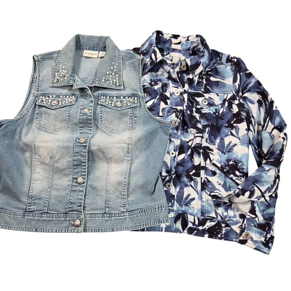 Chico's Platinum Vest Jacket Size 1  Blue White Denim Pearl Embellished Floral